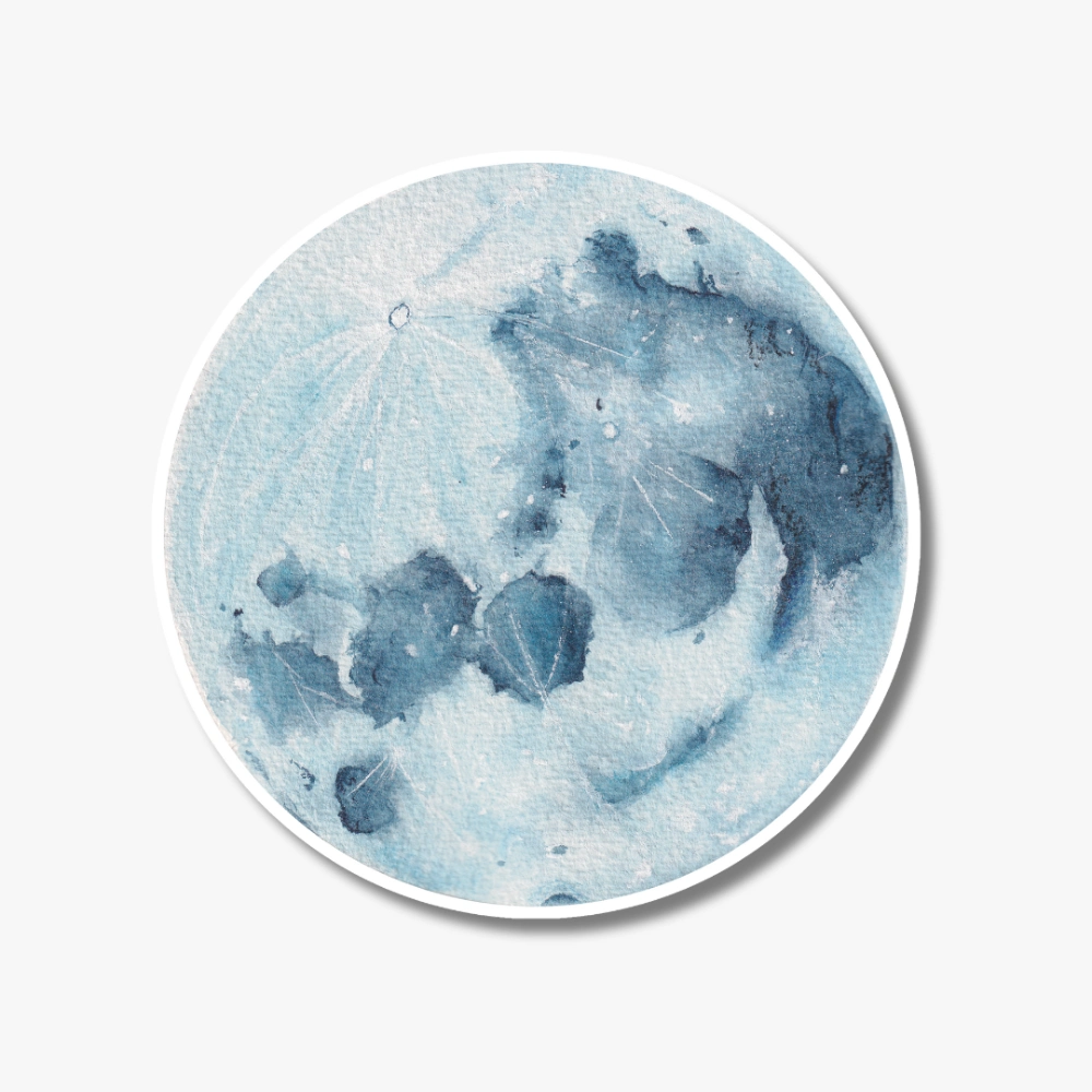 Watercolor full moon sticker for laptop on white background