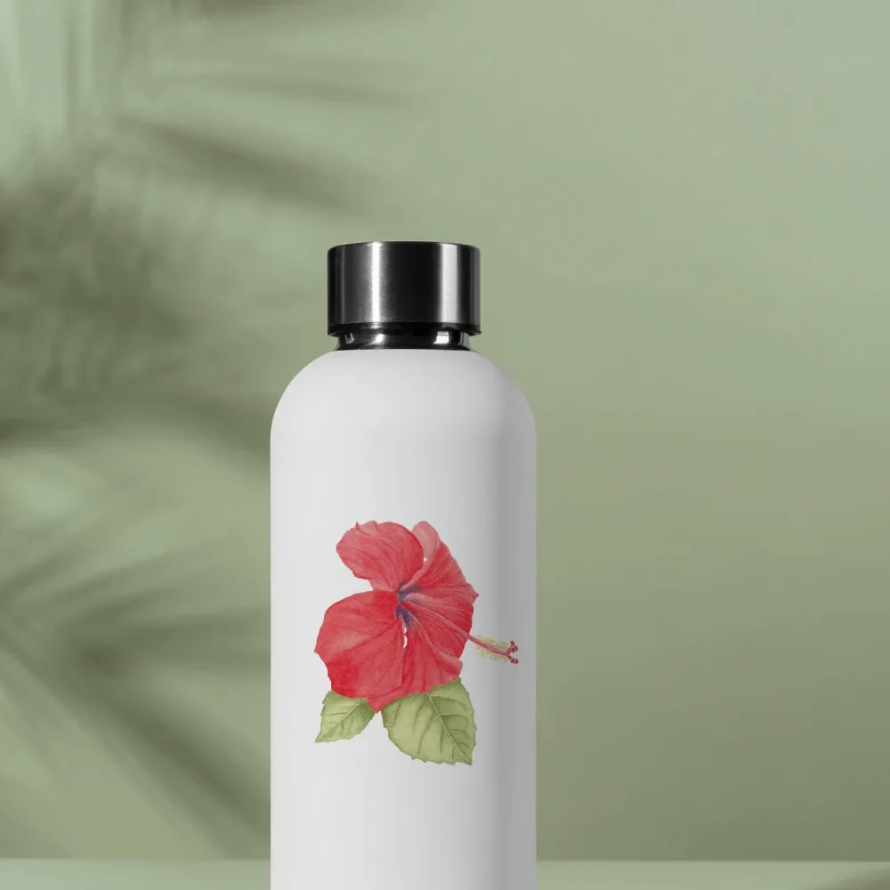 Watercolor Red hibiscus vinyl sticker on a water bottle