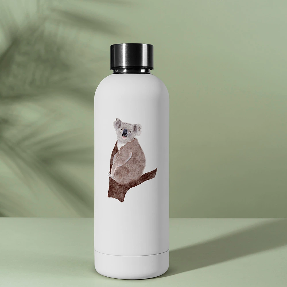 Hand-painted watercolor Koala vinyl sticker on water bottle