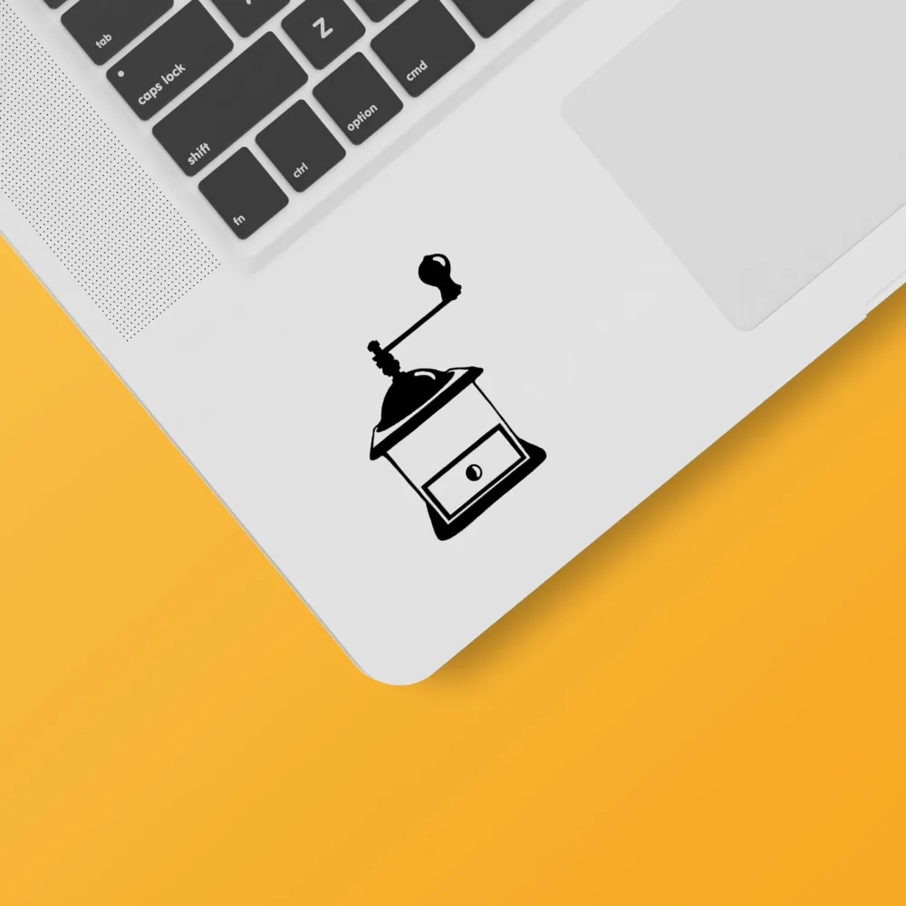 Handcrafted Vintage Coffee Grinder Vinyl Decal on Laptop