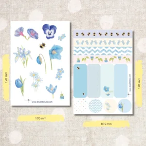 Blue Botanical Paper Sticker Set with watercolor flowers and label designs on two sheets