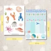 Ocean Sticker Set with watercolor sea animals and label designs on two sheets.