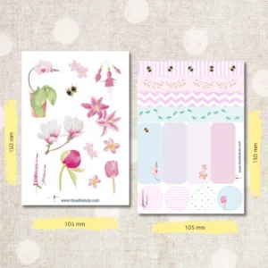 Pink Botanical Paper Sticker Set with watercolor flowers and label designs on two sheets.
