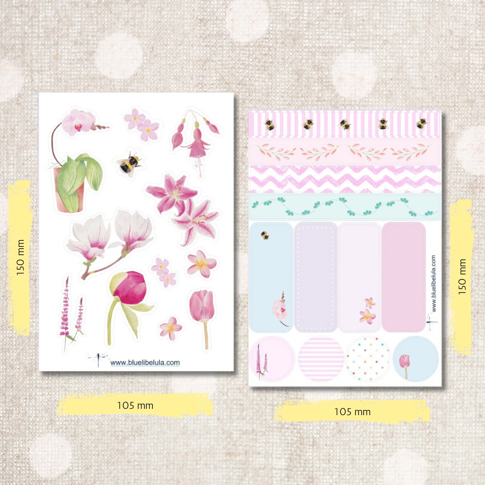 Pink Botanical Paper Sticker Set with watercolor flowers and label designs on two sheets.